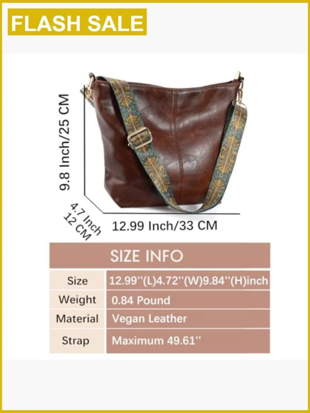 Vegan Leather Crossbody Hobo Bag with Guitar Strap, Large Capacity, Zipper